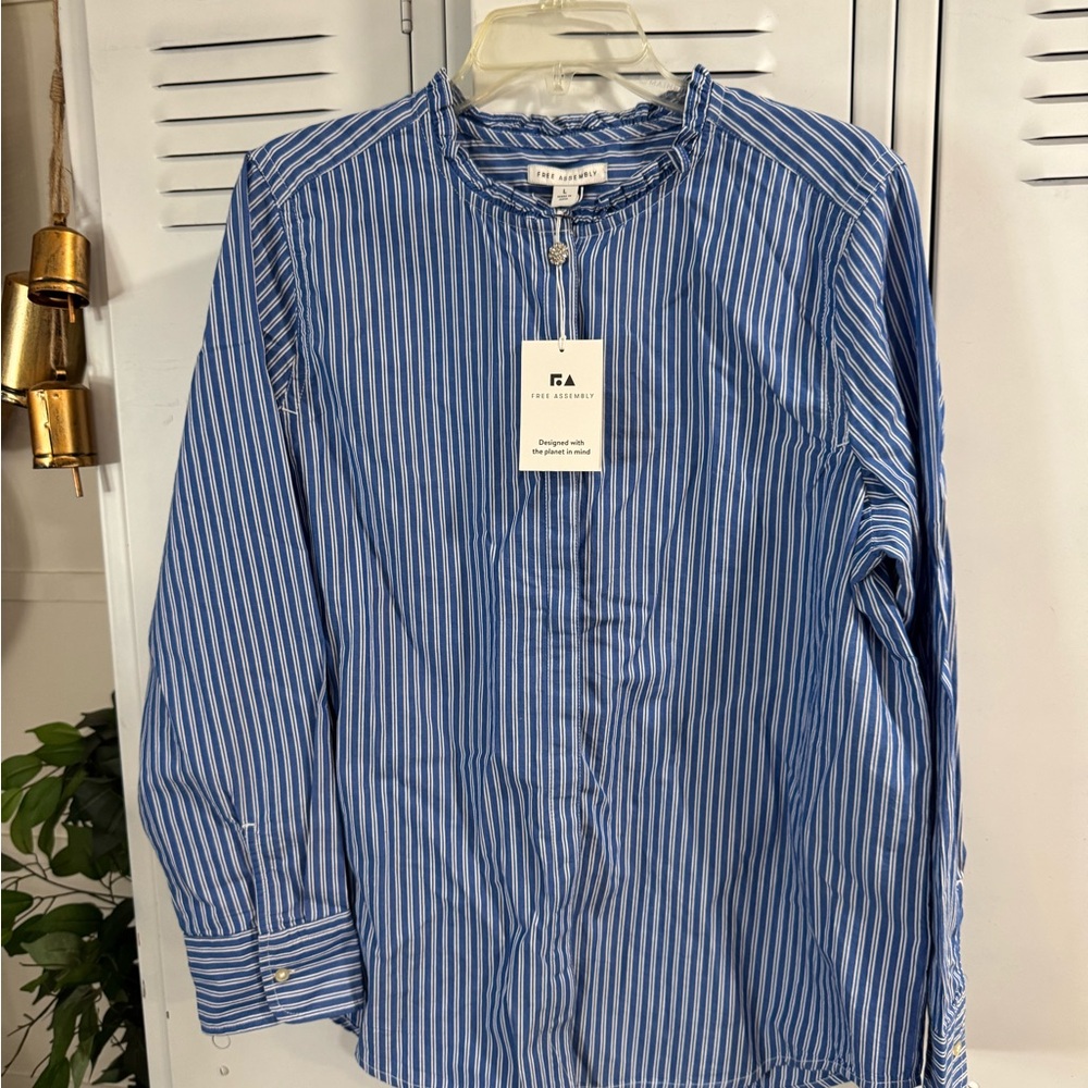 Blue Striped Women's Button Down Shirt with ruffle